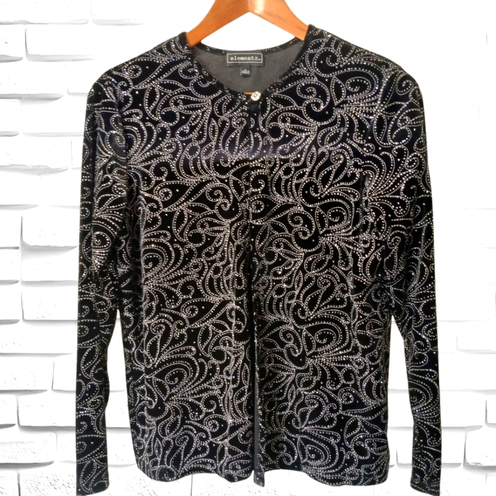 Women's Elegant Elementz Black Velvet Top With Rhinestones, Size Large